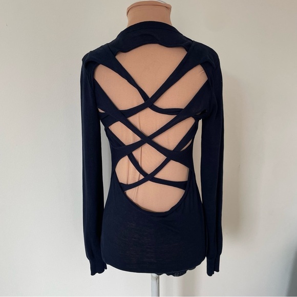 A.L.C. Criss Cross Open Back Navy Blue 100% Cotton Knit Long Sleeve Sweater XS - Picture 5 of 9